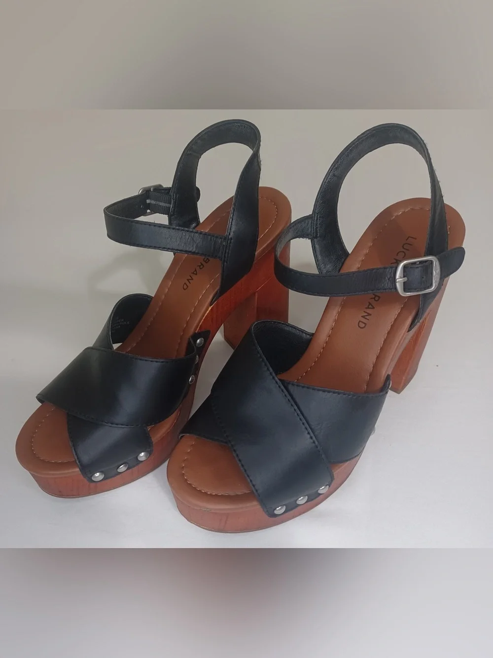Lucky Brand Black Leather Platform Sandals with Wood Block Heel